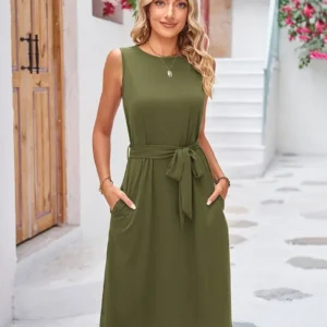 Vestido de tanque con cintura ajustada y dobladillo dividido, con bolsillos, sin mangas, de cuello redondo. Talla XXL